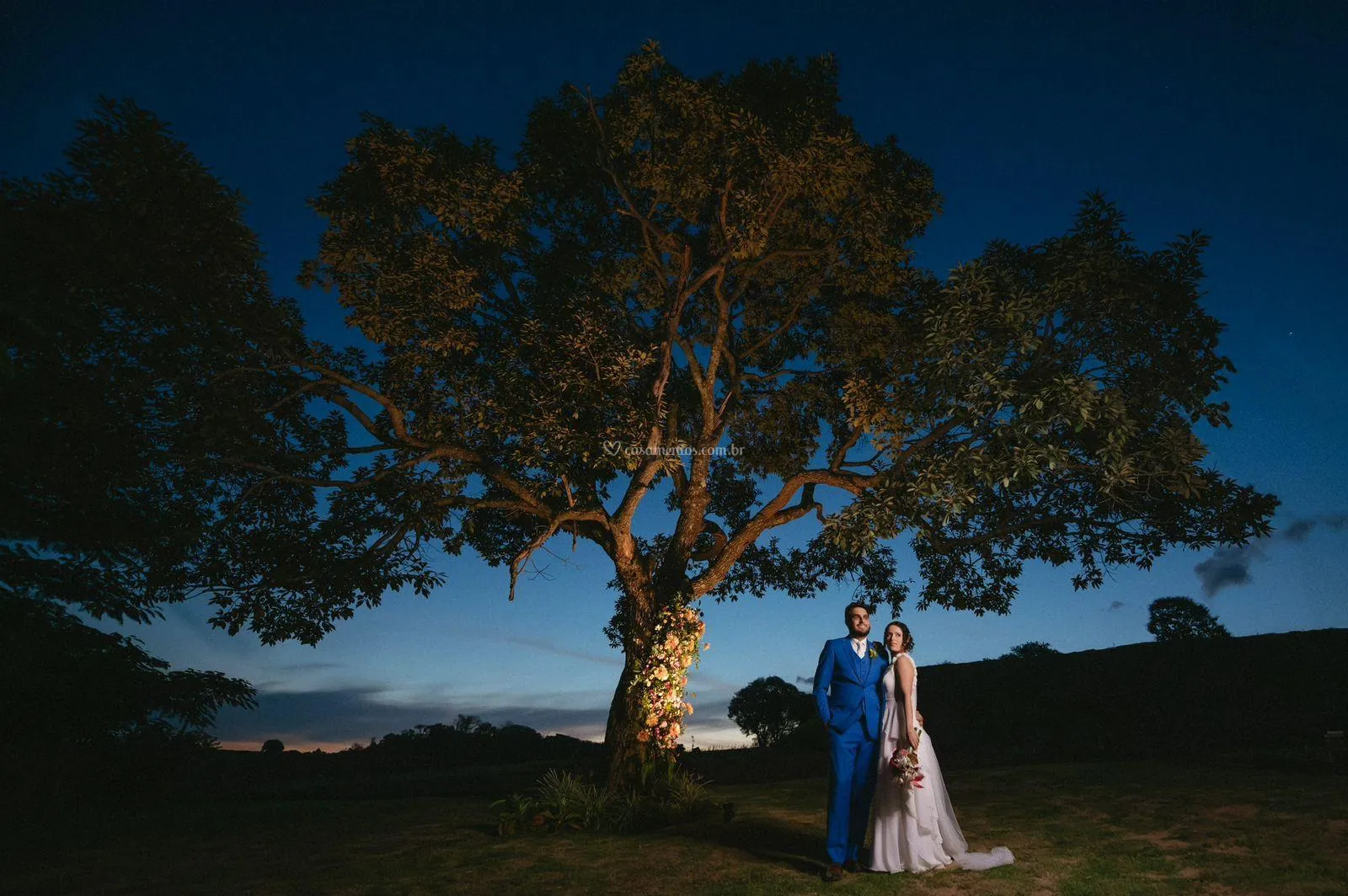 A grande árvore da Fazenda Raízes iluminada ao anoitecer, com um casal de noivos ao lado